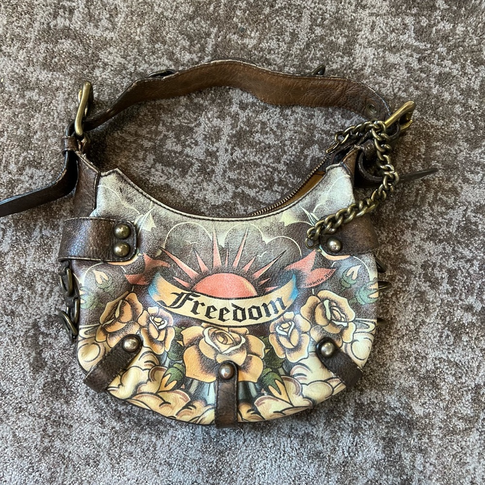 Brown Leather Shoulder Bag with Floral Accents